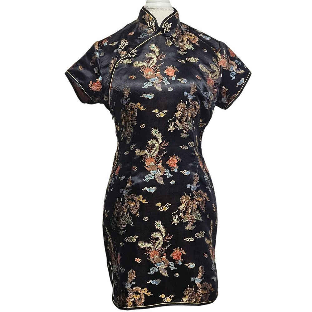 Asian Inspired Print Medium Collared Cheongsam Qipao Dress